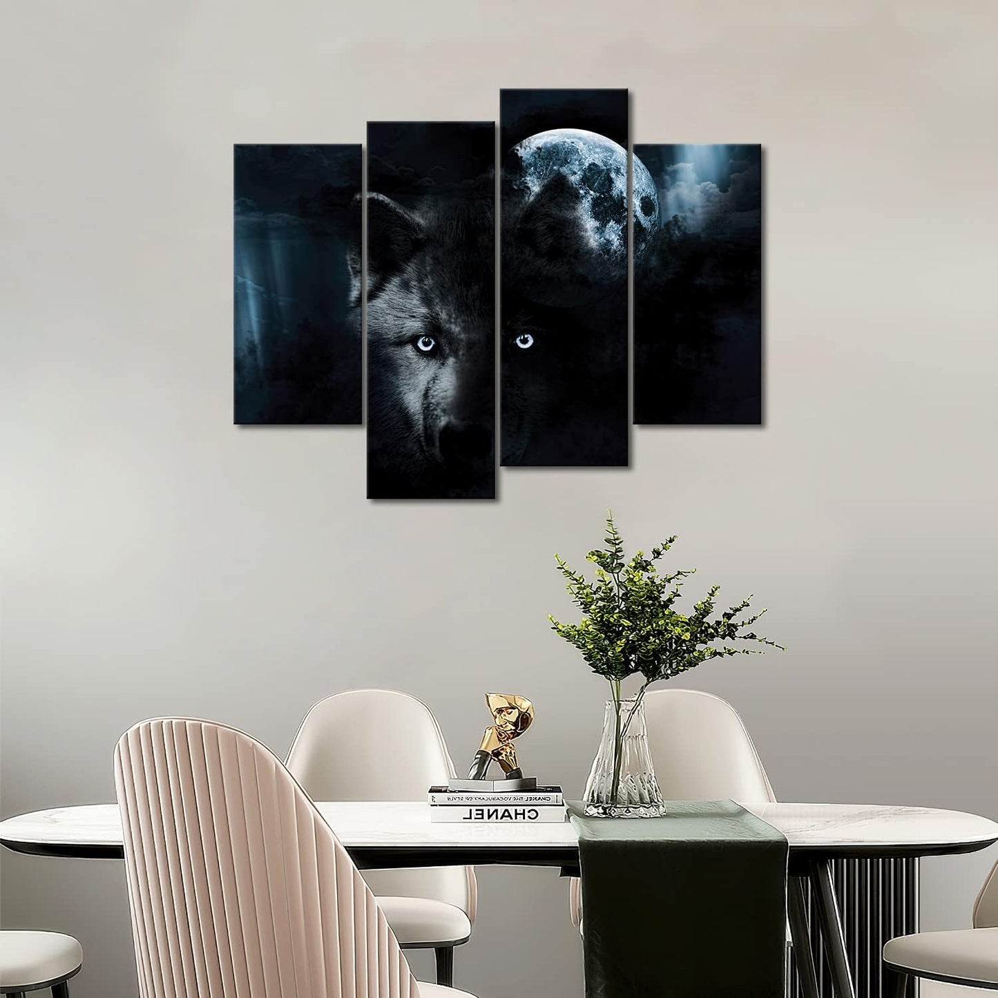 4 Panel Wall Art Black Wolf and Full Moon Painting The Picture Print On Canvas Animal Pictures for Home Decor Decoration Gift Piece