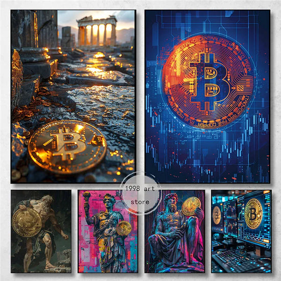 Arte Moderno El Origen de Bitcoin Criptomoneda Dios Griego Retrato Póster Lienzo Pintura Impresiones de Pared Cuadro Decoración del Hogar Sala de Estar
