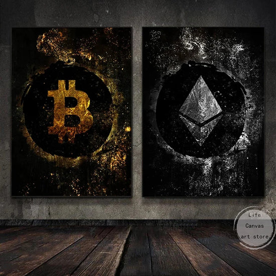Abstracto Bitcoin y Ethereum ETH BTC Criptomoneda Oro Criptográfico Plata Póster Artístico Pintura en Lienzo Impresiones de Pared Decoración del Hogar