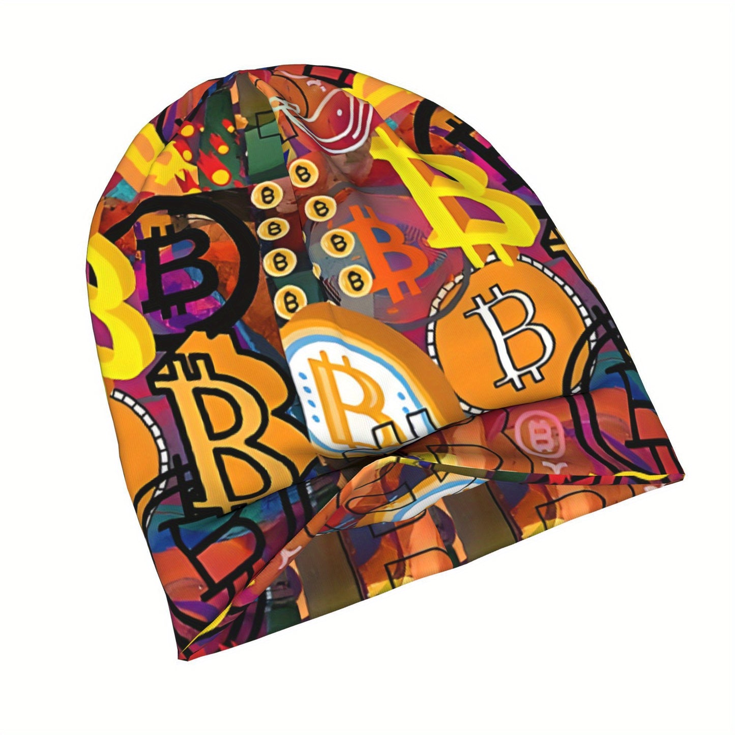 Vibrant Bitcoin Graffiti Beanie - Lightweight, Stretchy Knit Cap for Spring & Autumn, Hand-Washable, Colorful Crypto-Themed Design