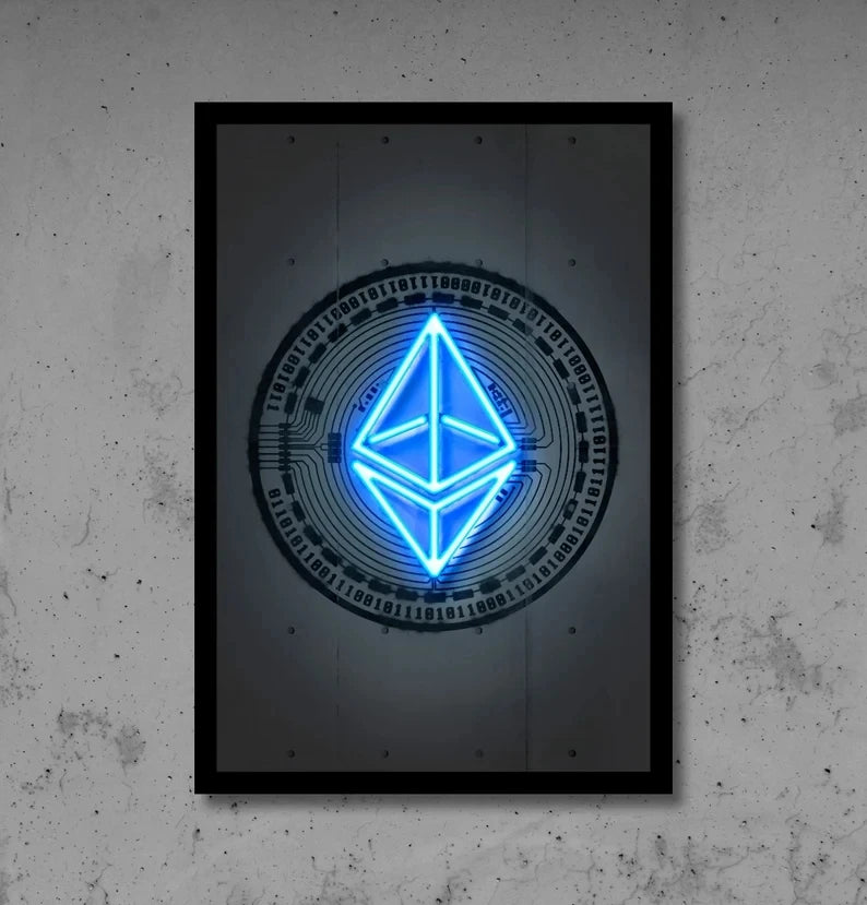 Modern Abstract Neon Style Bitcoin and Ethereum Art Poster Canvas Painting Wall Print Picture for Living Room Home Decor Cuadros